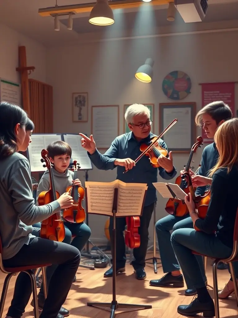 A masterclass setting with a renowned violinist providing instruction to a small group of advanced students.