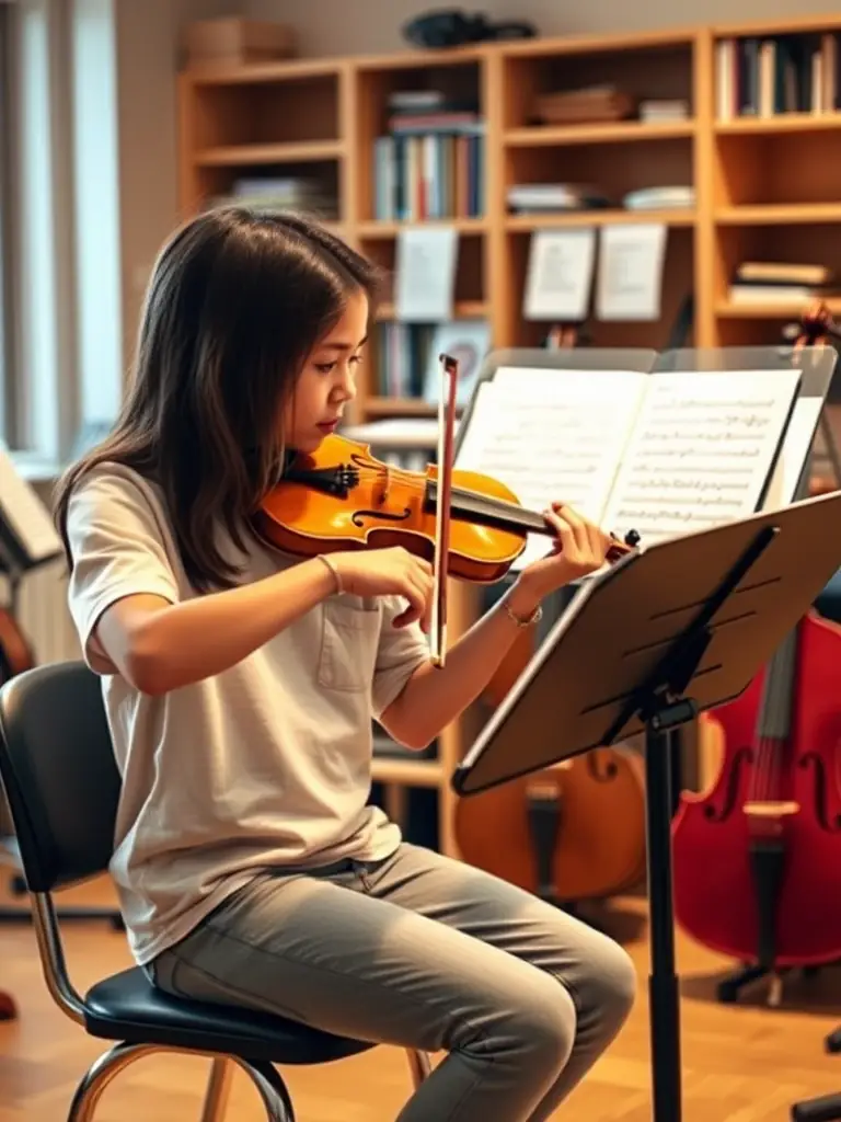 An intermediate violin student practicing a more complex piece with focused concentration.