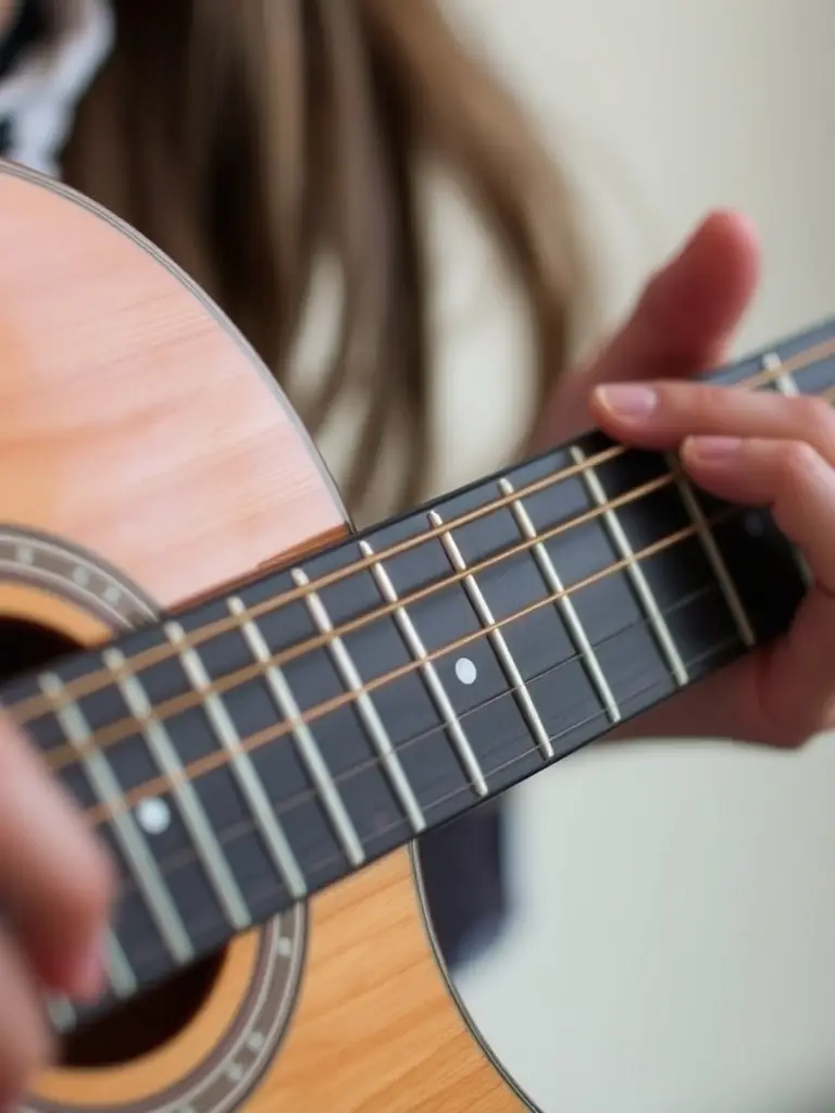 A close-up shot of a student's hands correctly positioned on a violin fingerboard during a beginner lesson at Harmony Strings.