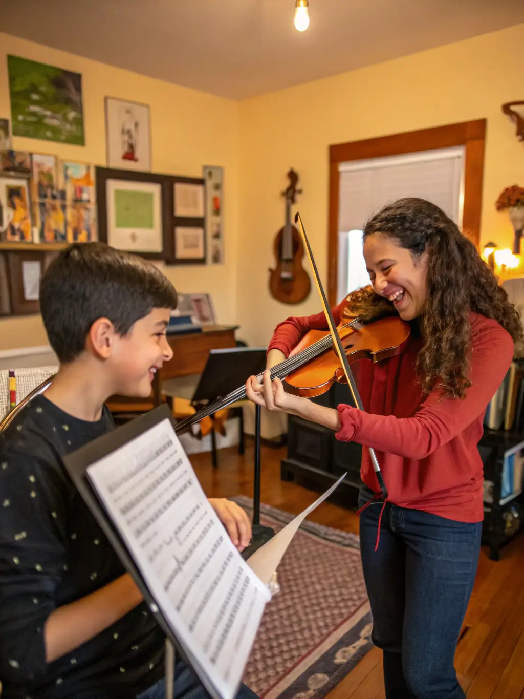 A group of beginner violin students in a classroom setting, learning basic techniques from an instructor.